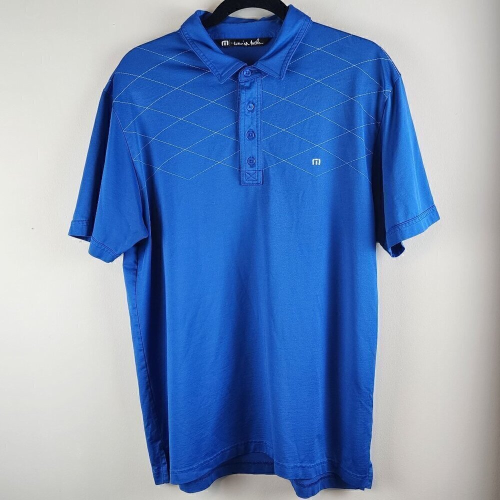 Travis Mathew size L  Golf Polo Short Sleeve Blue White Diamond Stitch Pattern